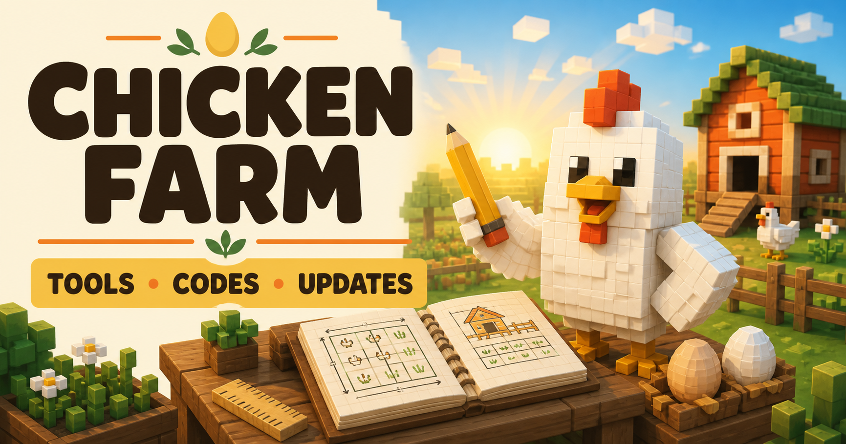 Original voxel illustration of a Chicken Farm field, chicken, and coop